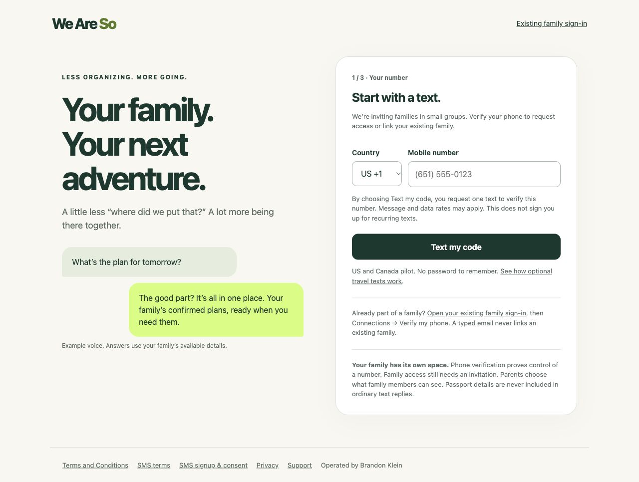 The live We Are So signed-out phone screen: blank mobile number, Text my code button, and disclosure that a verification code does not enroll anyone in recurring texts.
